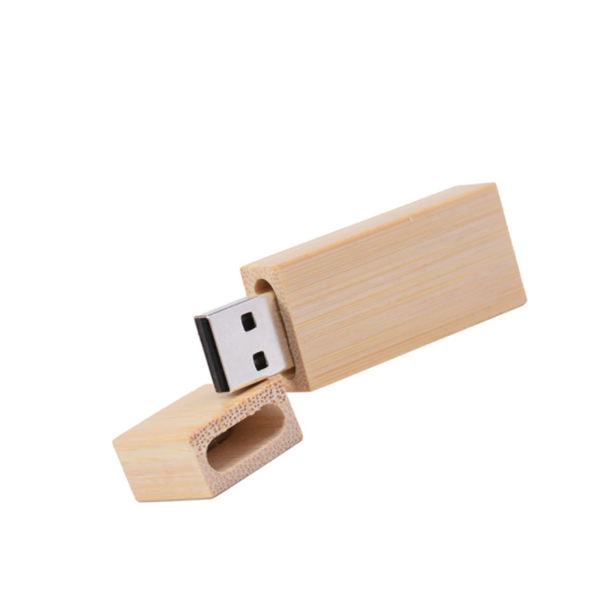 A rectangular wooden flash drive in a light bamboo finish, featuring a removable cap and a USB connector.