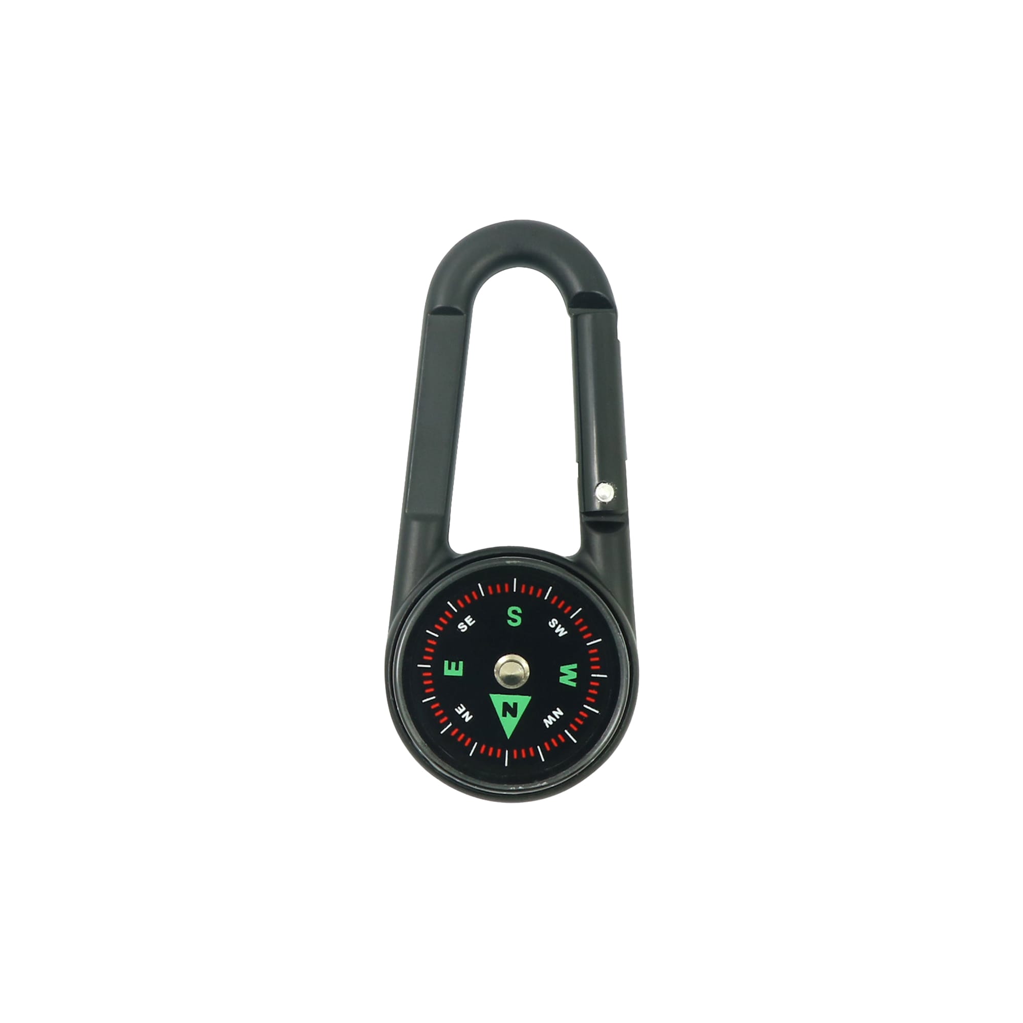 A black carabiner with a built-in compass and thermometer, featuring red and green directional markings.