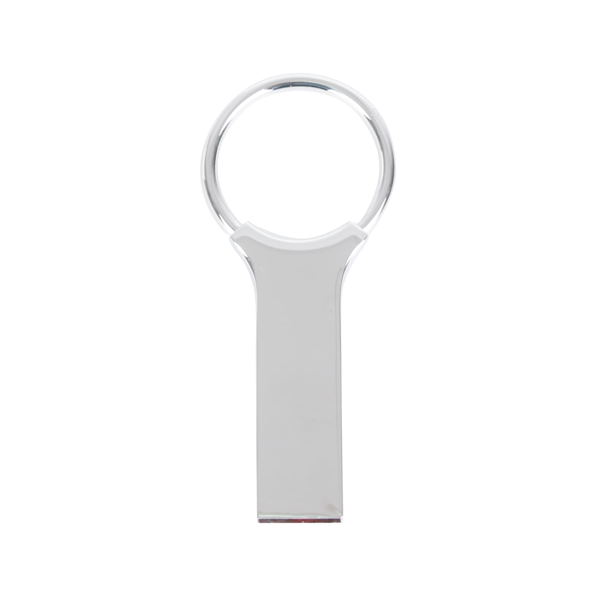 A silver keyring flash drive with a polished finish and a circular attachment loop.