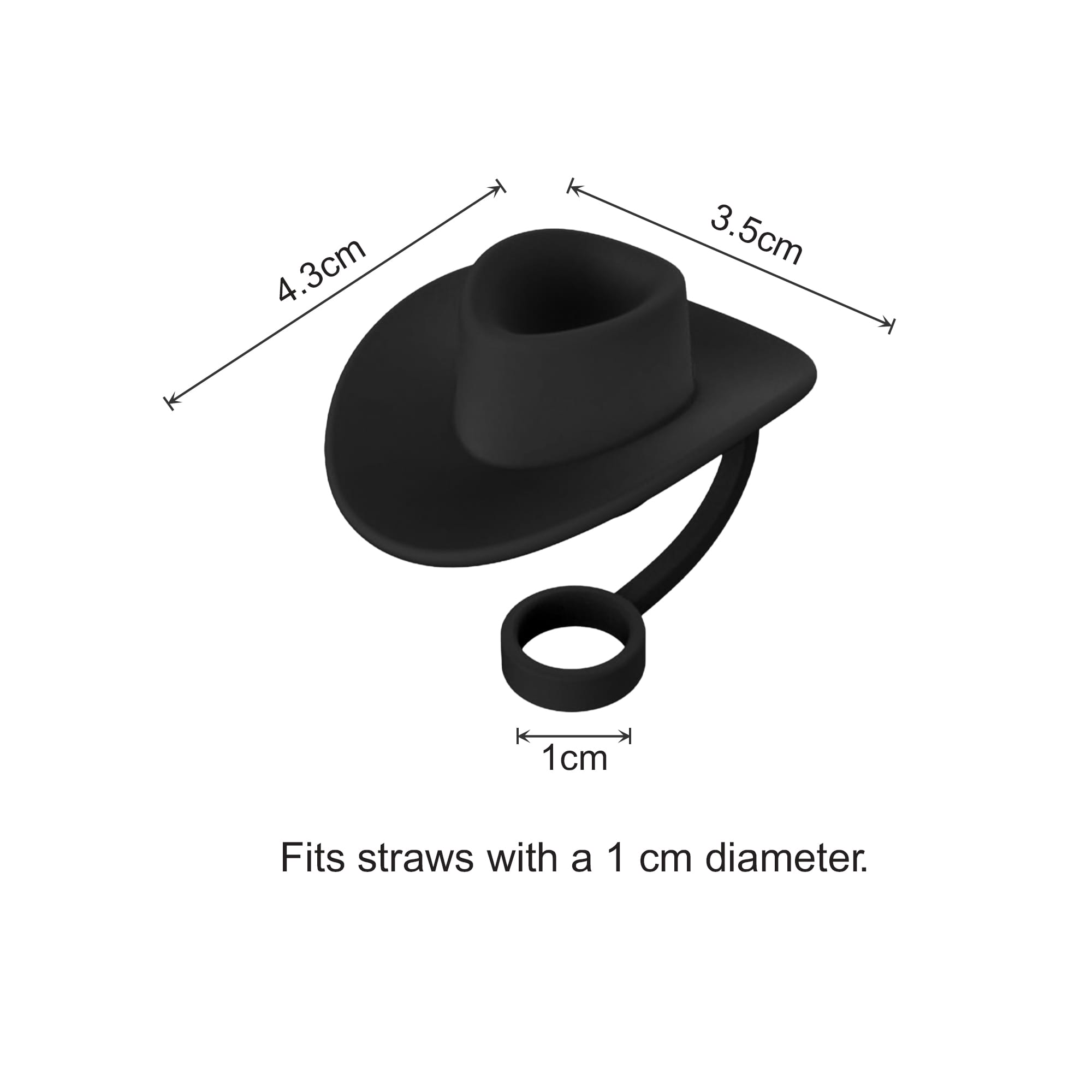 A drink bottle accessory featuring a black silicone cowboy hat straw cover designed to fit straws with a 1 cm diameter.