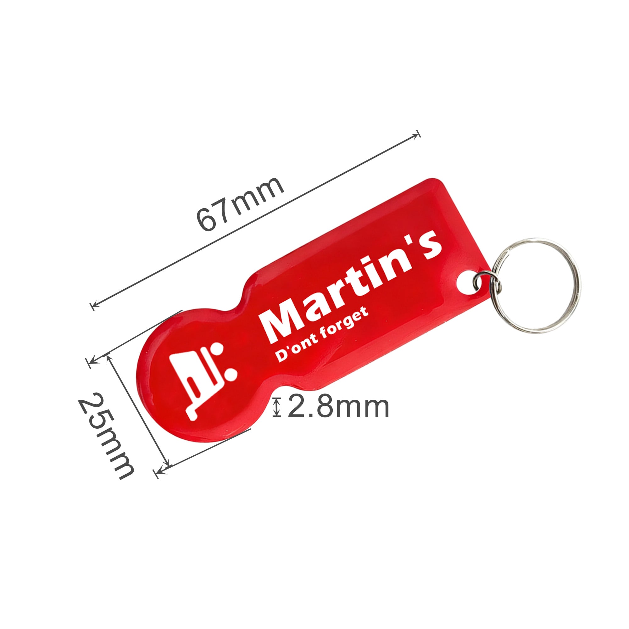 A red custom shape trolley coin keyring with a keyring attachment, featuring a logo. Dimensions are 67mm x 25mm x 2.8mm.