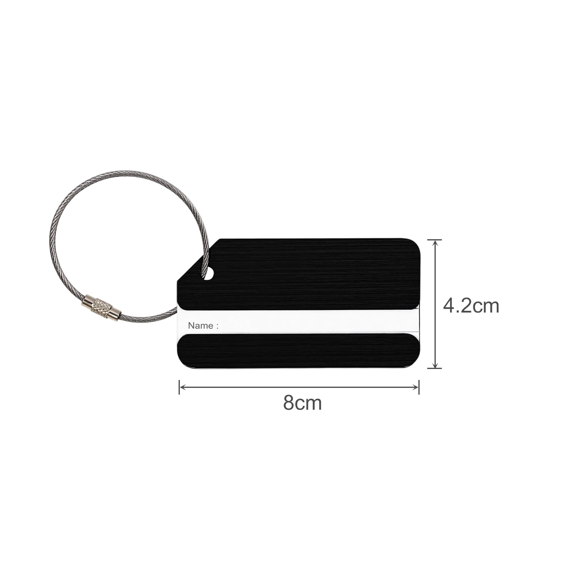 A square brushed aluminium luggage tag in black, featuring a wire loop and white areas for personal information.