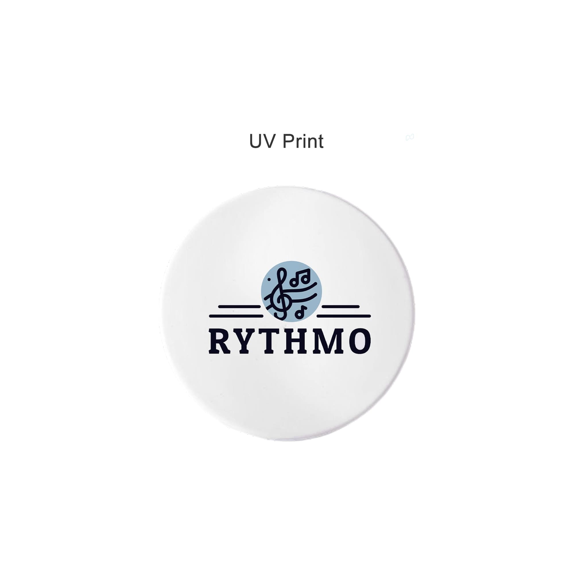 A round mirror featuring a musical design in blue and black on a white background. It includes a logo.