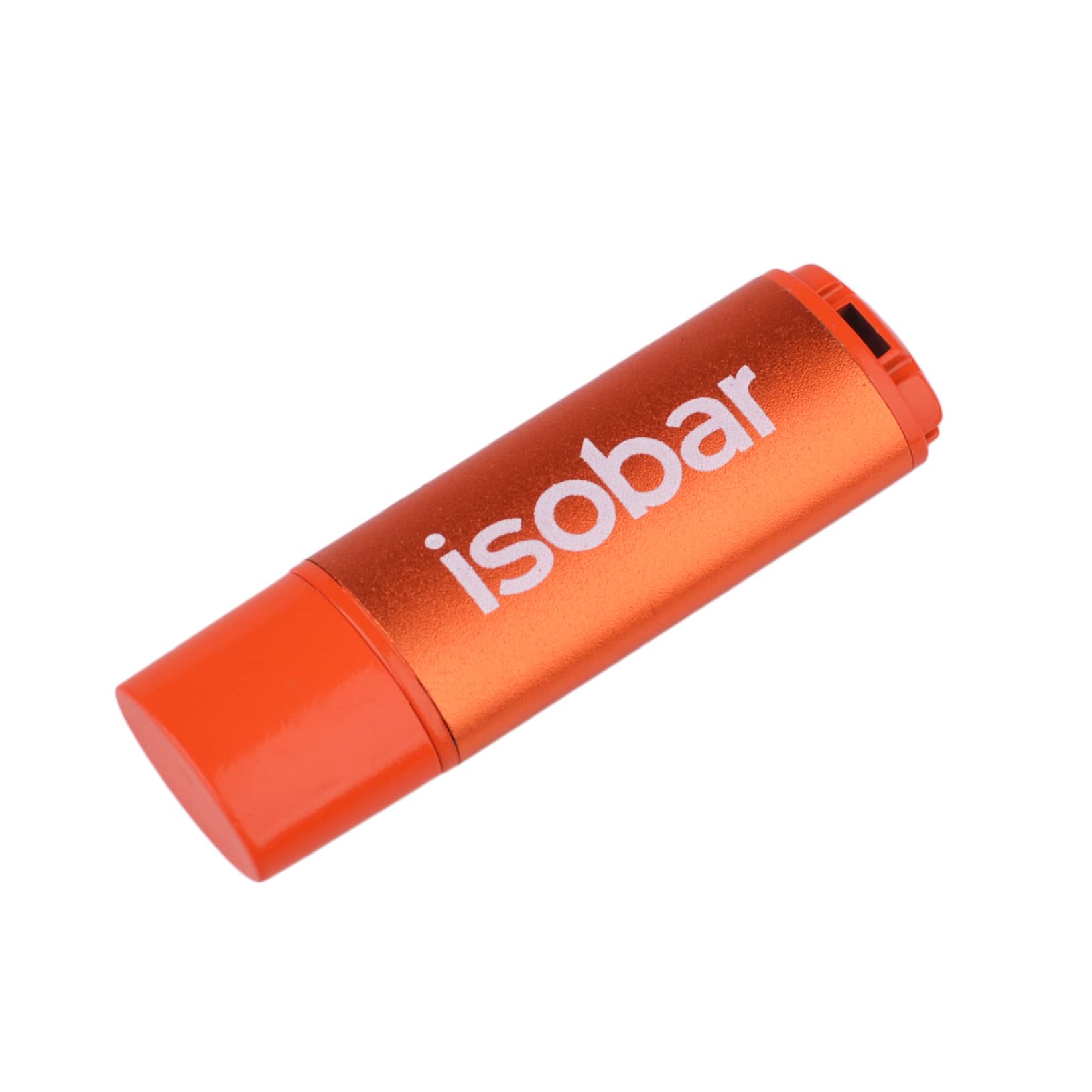 An orange Saturn flash drive with a cylindrical shape and a logo on its surface.
