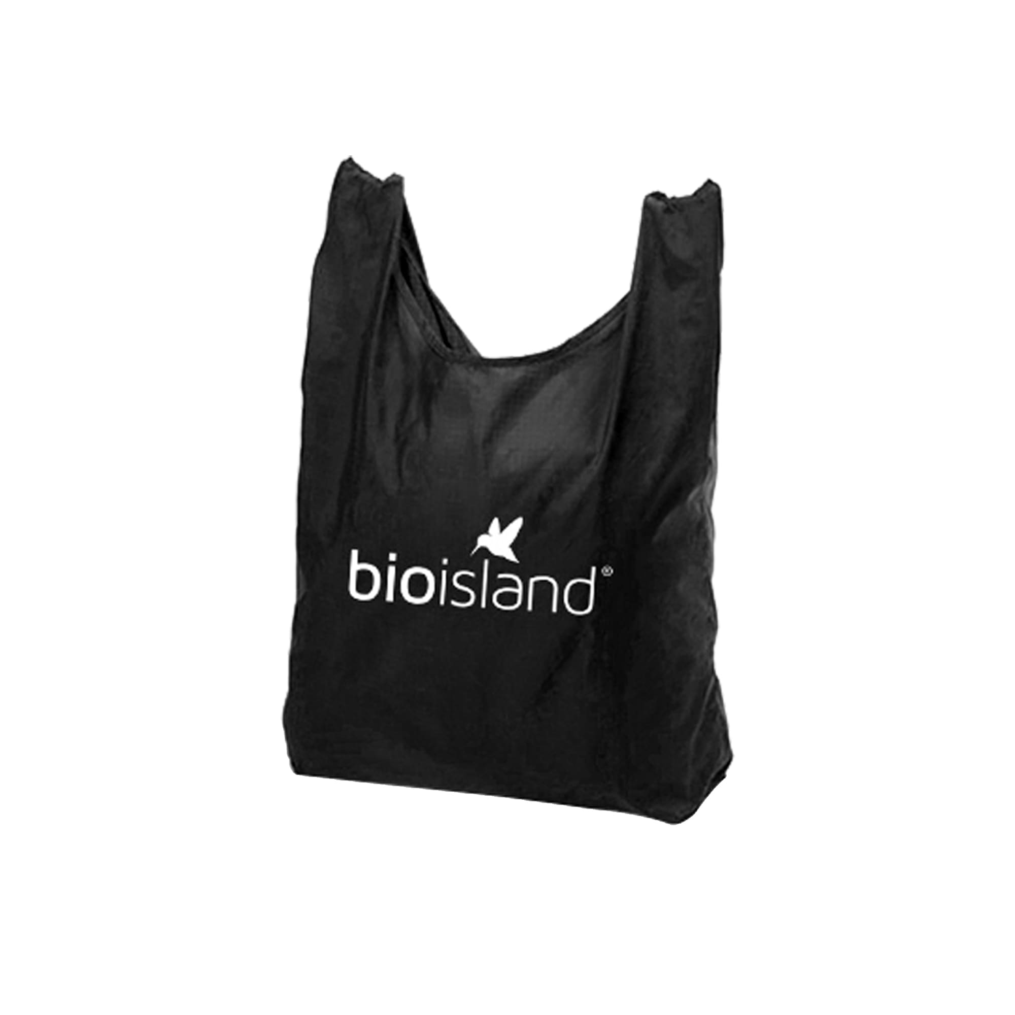 A foldaway shopping tote bag in black with a logo on the front.