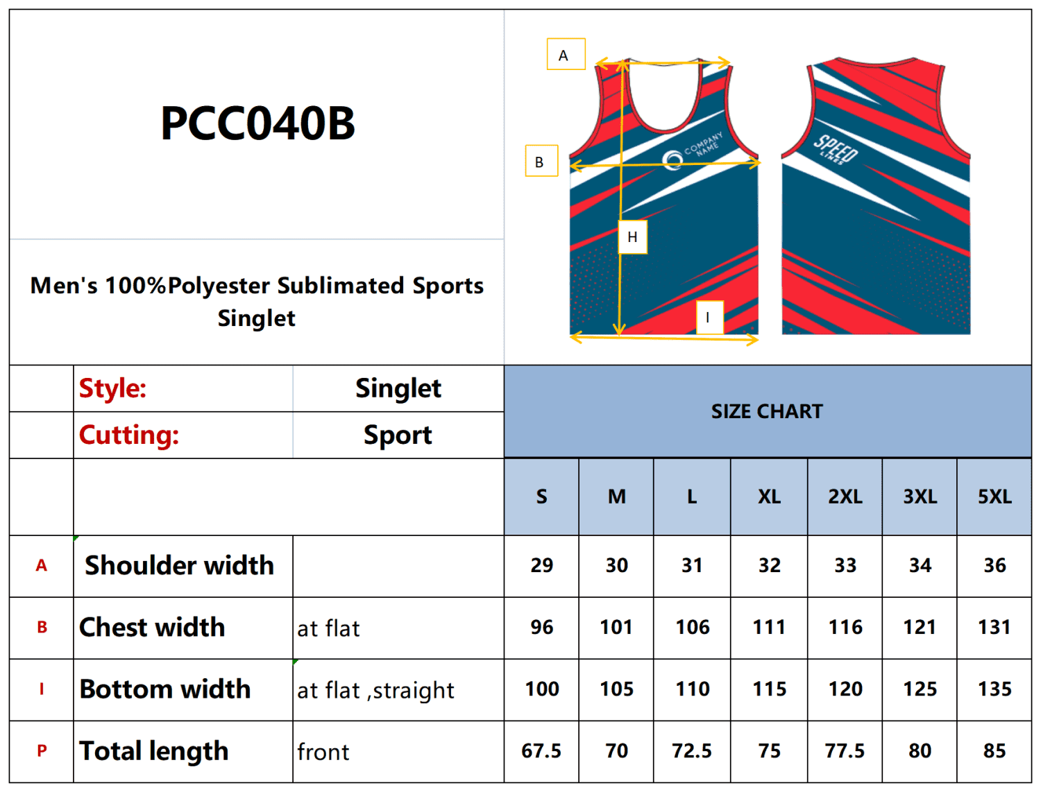 Men's 100%Polyester Sublimated Sports Singlet - PCC040B Image 