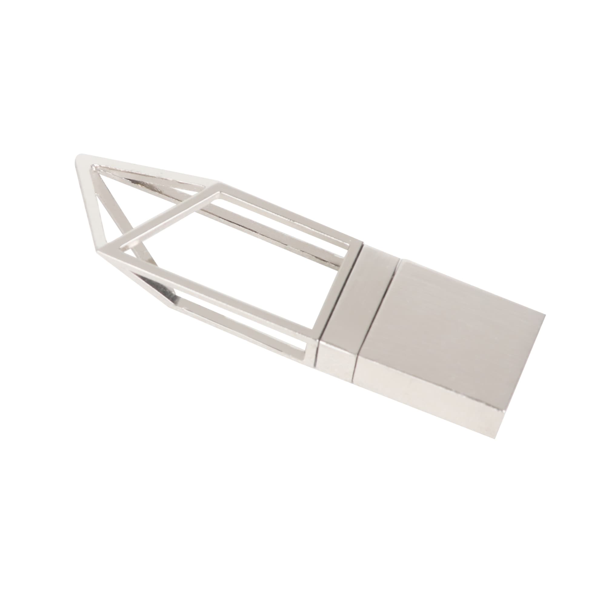 A silver flash drive with a geometric, open frame design features a solid rectangular base. It has a logo on the side.