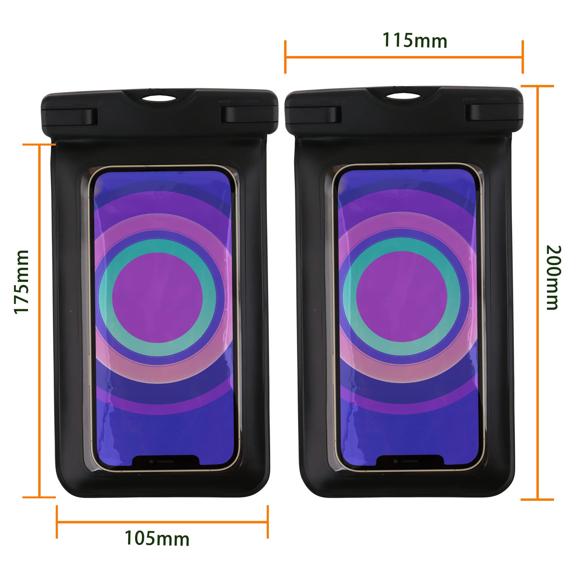 A waterproof phone bag in black, featuring dimensions and a transparent front for touchscreen access.