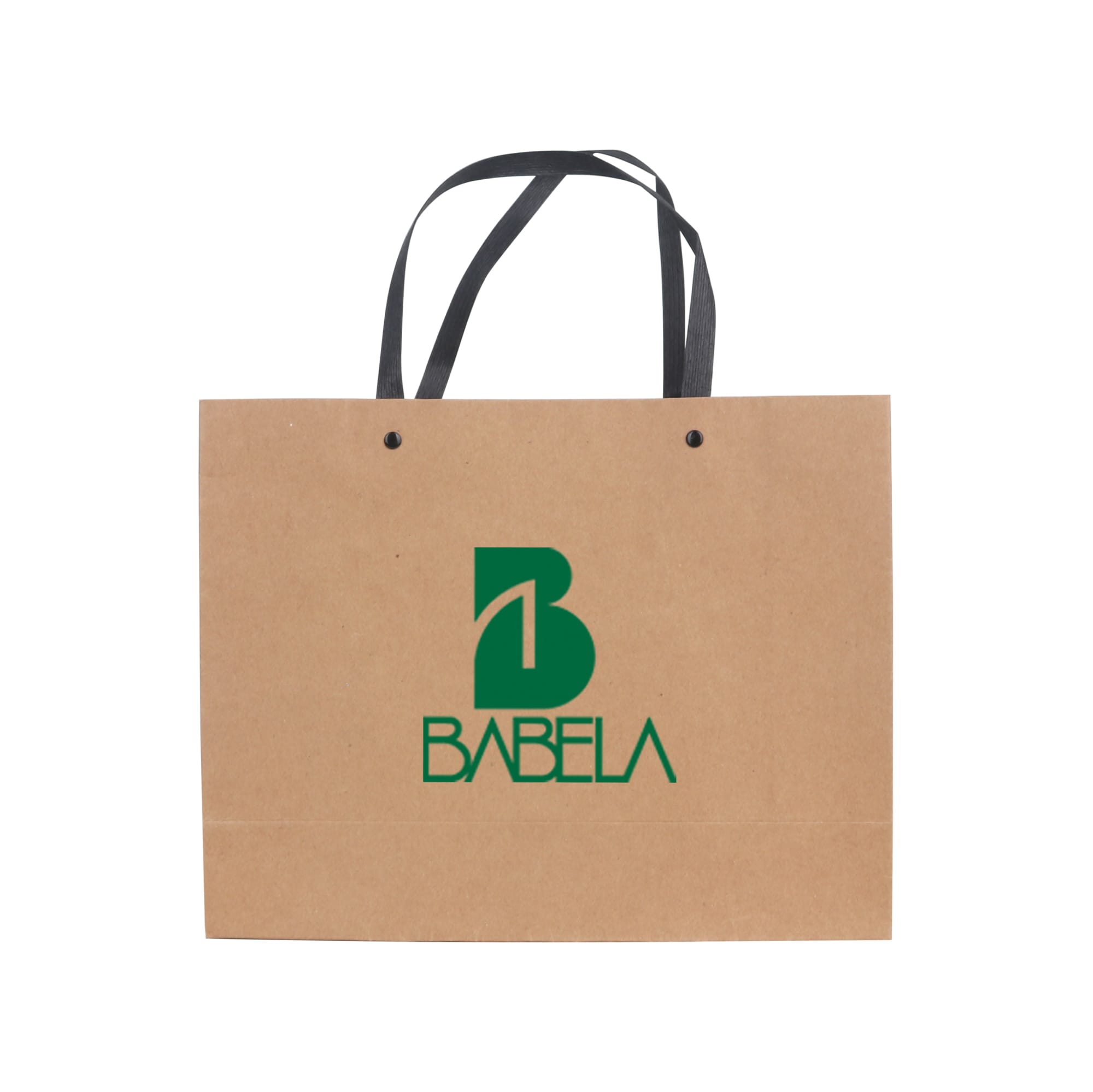 A medium brown paper bag with a knitted black handle and a logo on the front.