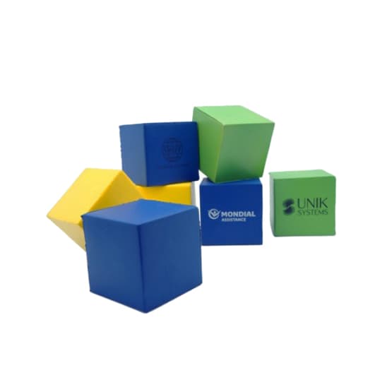 A collection of cube-shaped stress relievers in blue, green, and yellow, featuring various logos.