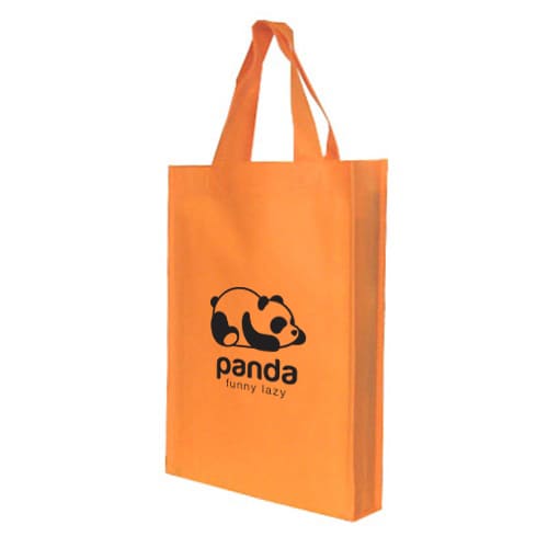 An orange non-woven trade show bag featuring a black logo of a panda on one side.
