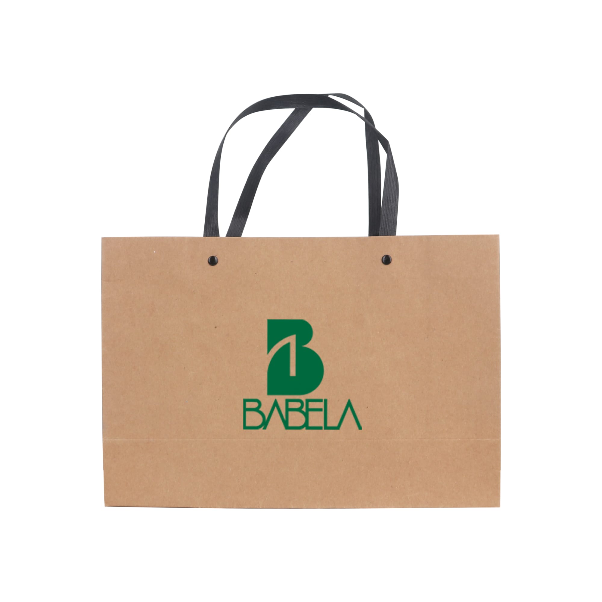 A small brown paper bag with a knitted handle and a logo printed on the front.