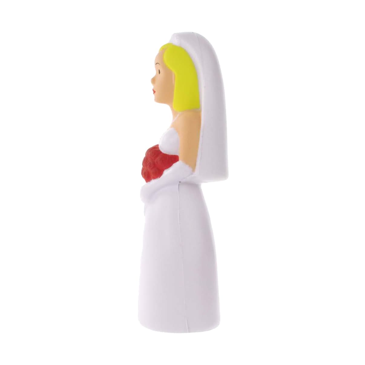A white stress reliever shaped like a bride in a wedding dress, featuring blonde hair and a red bouquet.