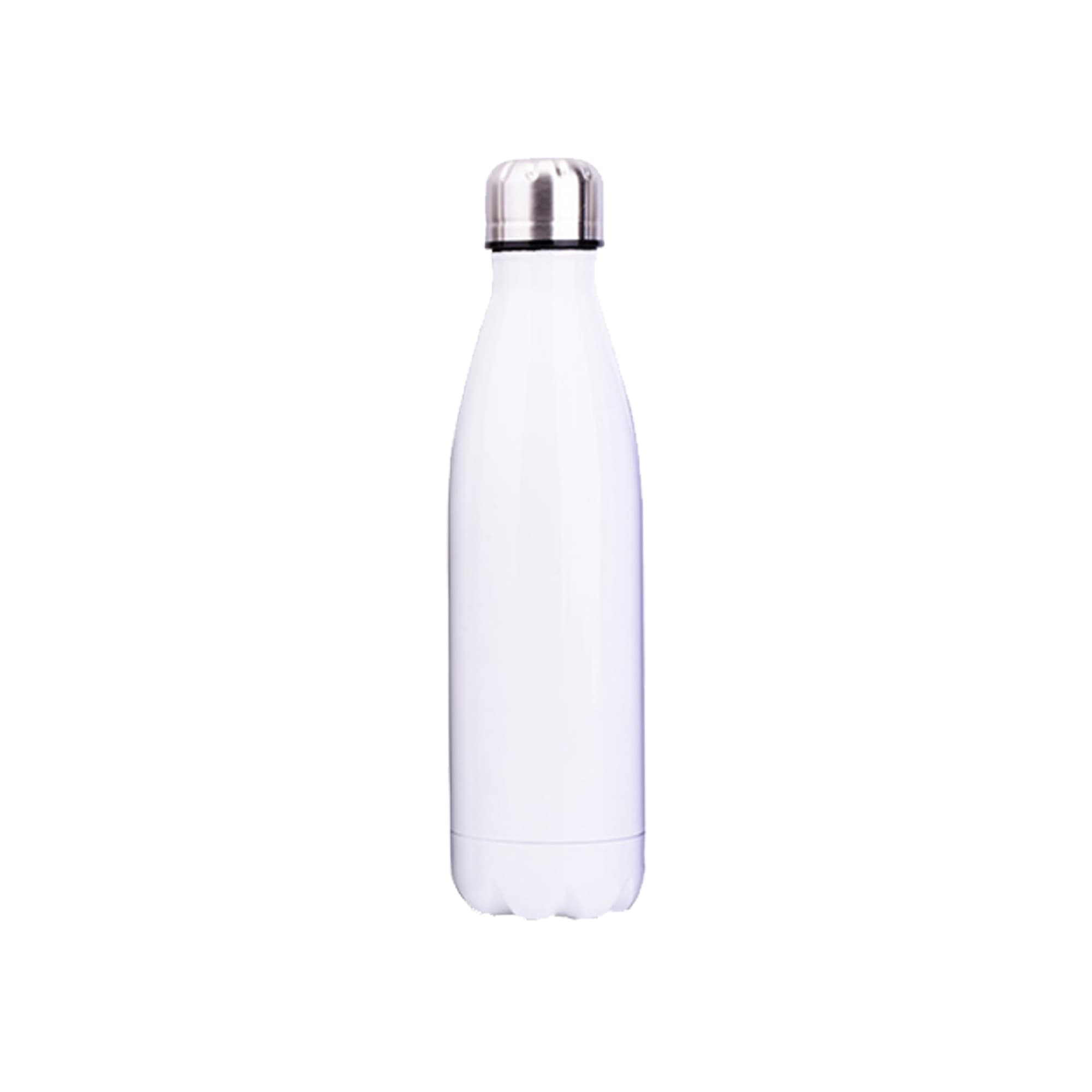 A drink bottle in white stainless steel with a silver lid and a logo on its surface.