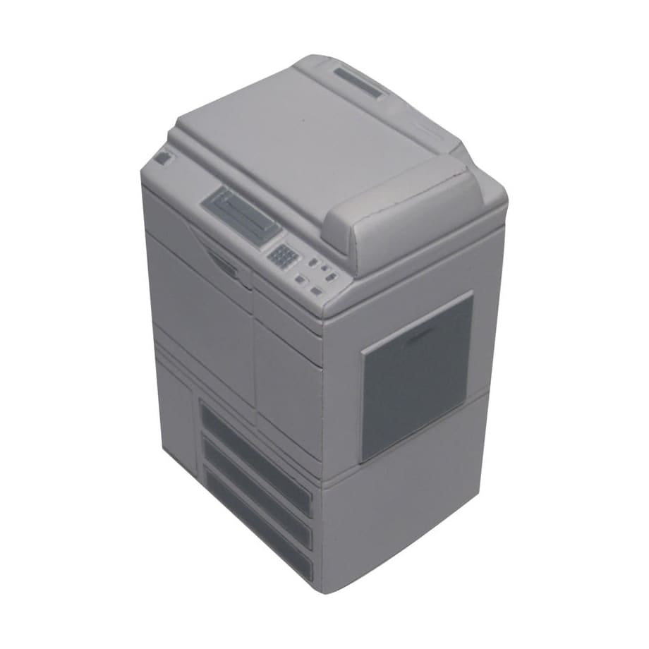A grey photocopier-shaped stress reliever with a simple design and a small logo.