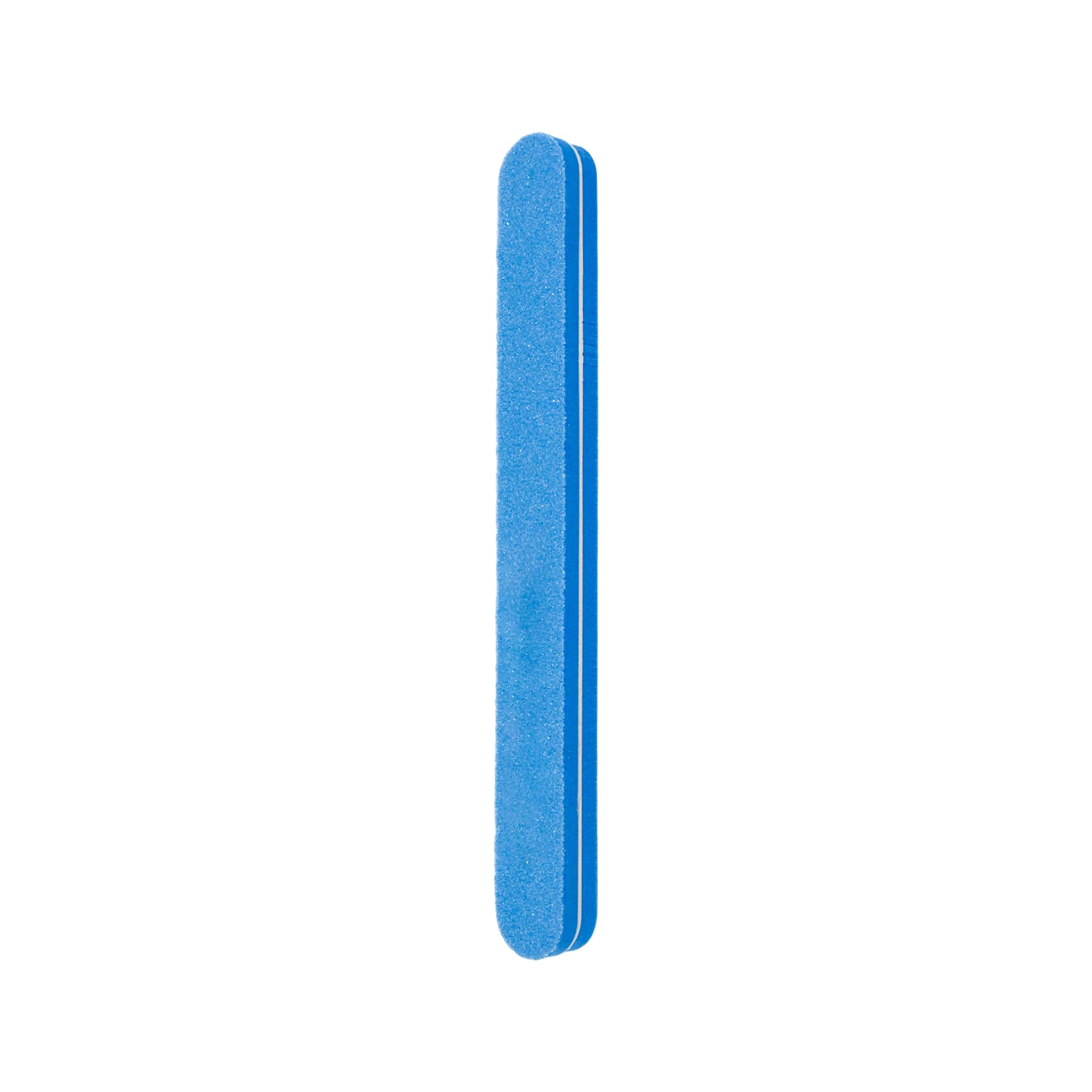A blue sponge straight shape nail file with a textured surface and a contrasting stripe design.