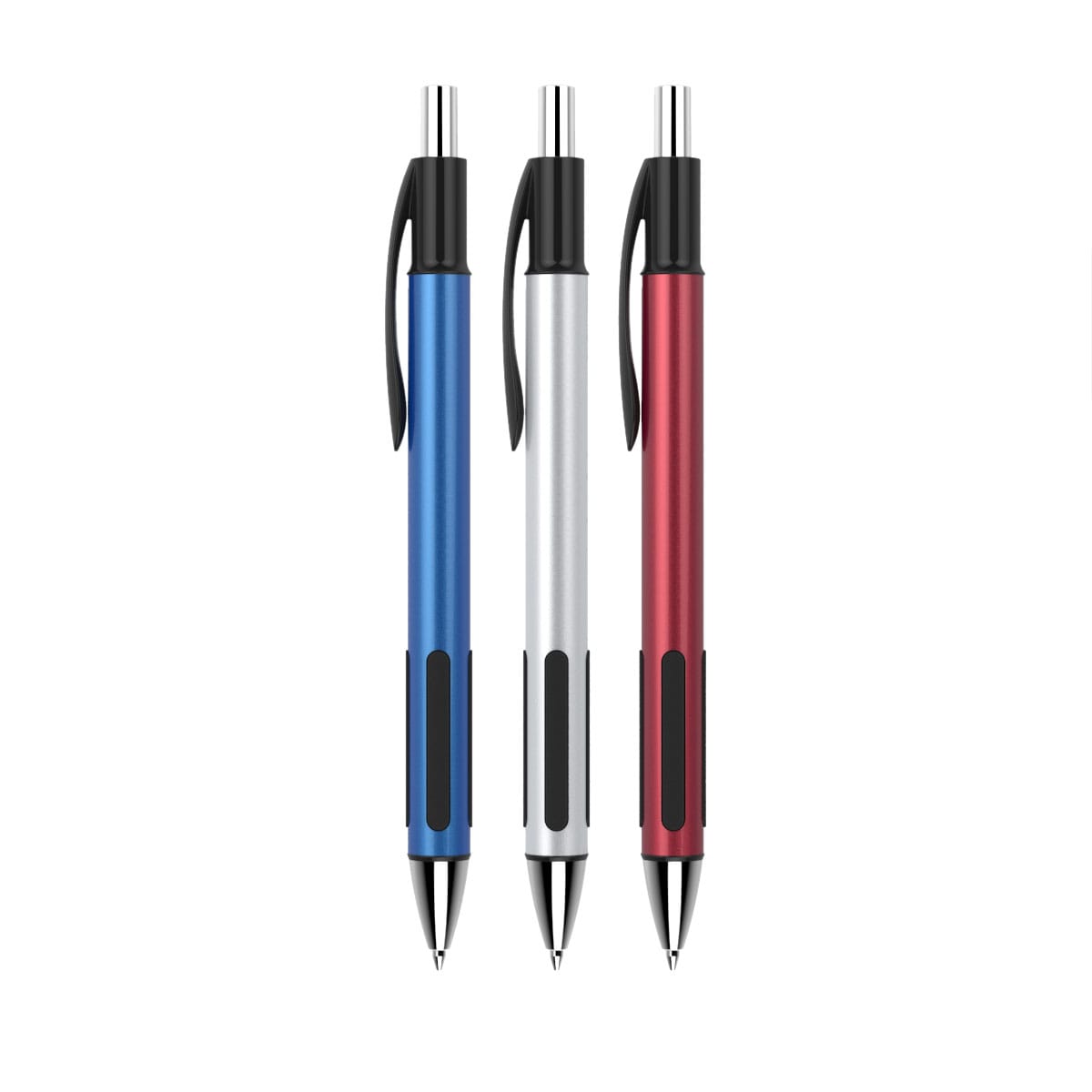 A set of three plastic pens in blue, silver, and red with black grips and a logo on each pen.