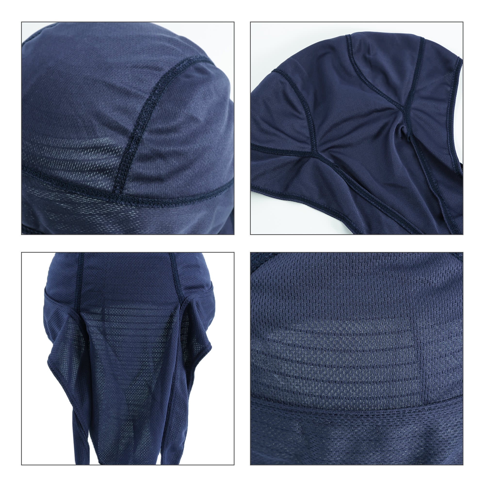 A navy cycling bandana hat with mesh detailing and a logo, featuring a snug fit for comfort.