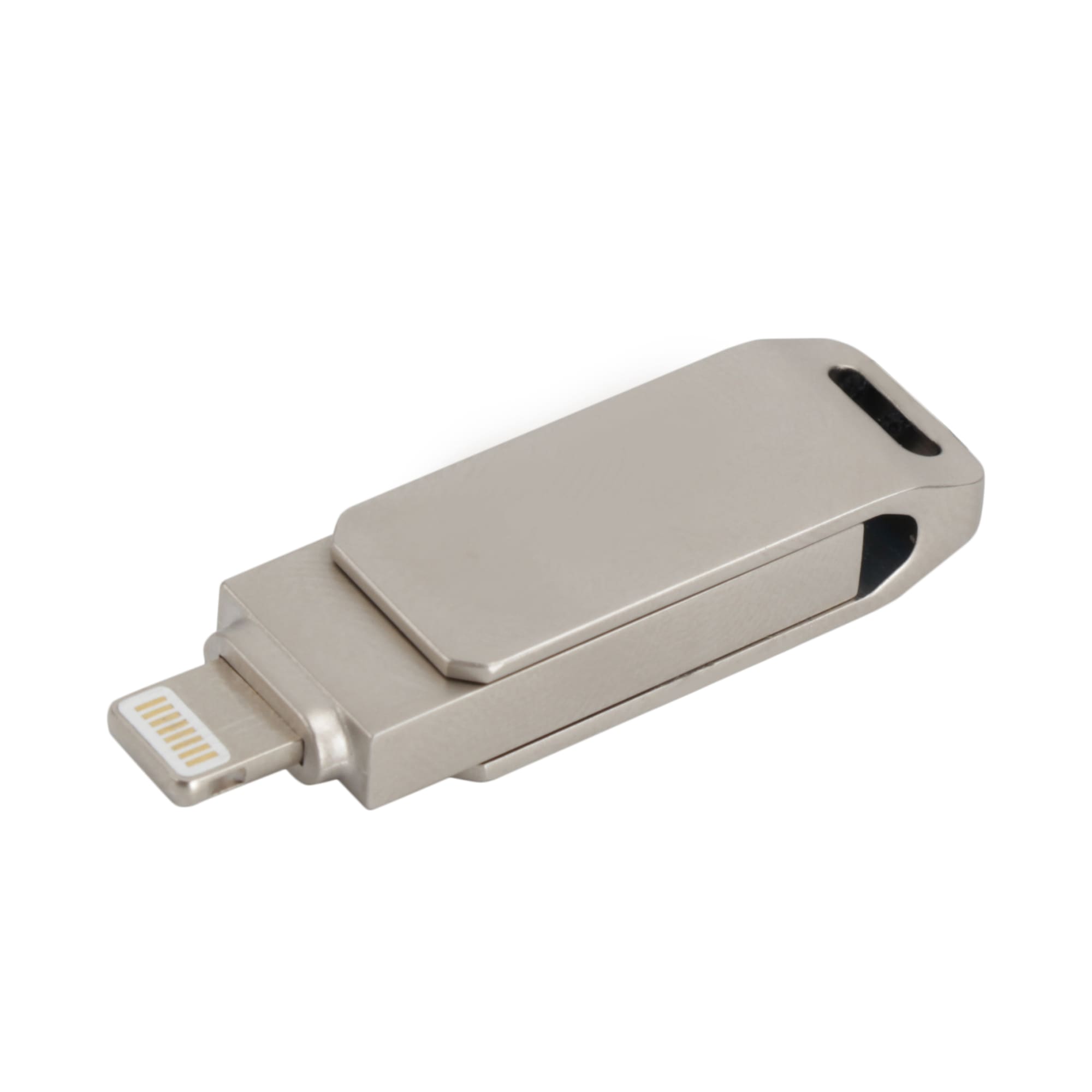 A silver swivel flash drive with a Lightning connector and a sleek design, featuring a logo on the surface.