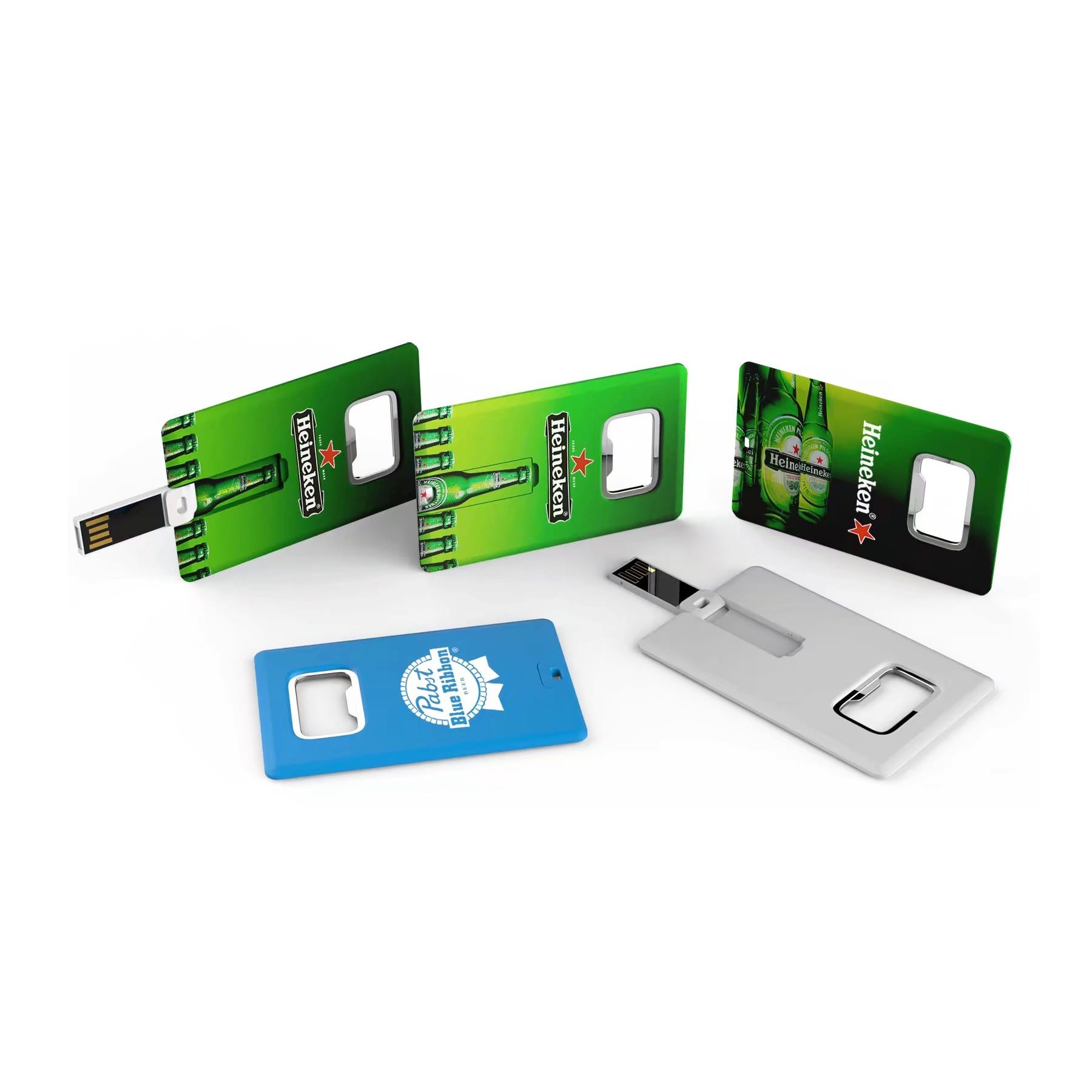 A drink bottle opener flash drive set in green, blue, and silver with various designs and a logo on one.