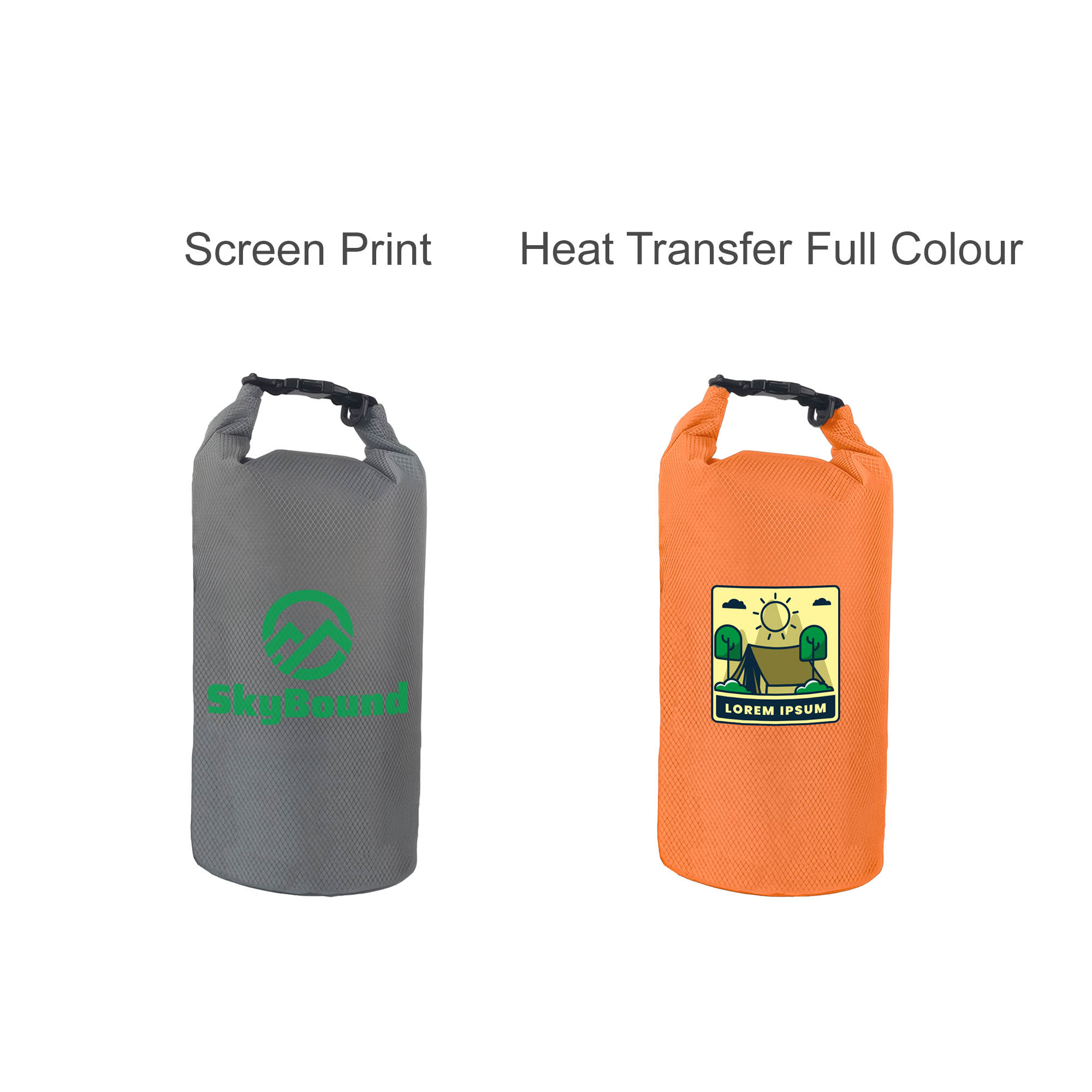 A grey Oxford cloth dry bag with a logo and an orange bag featuring a graphic design.