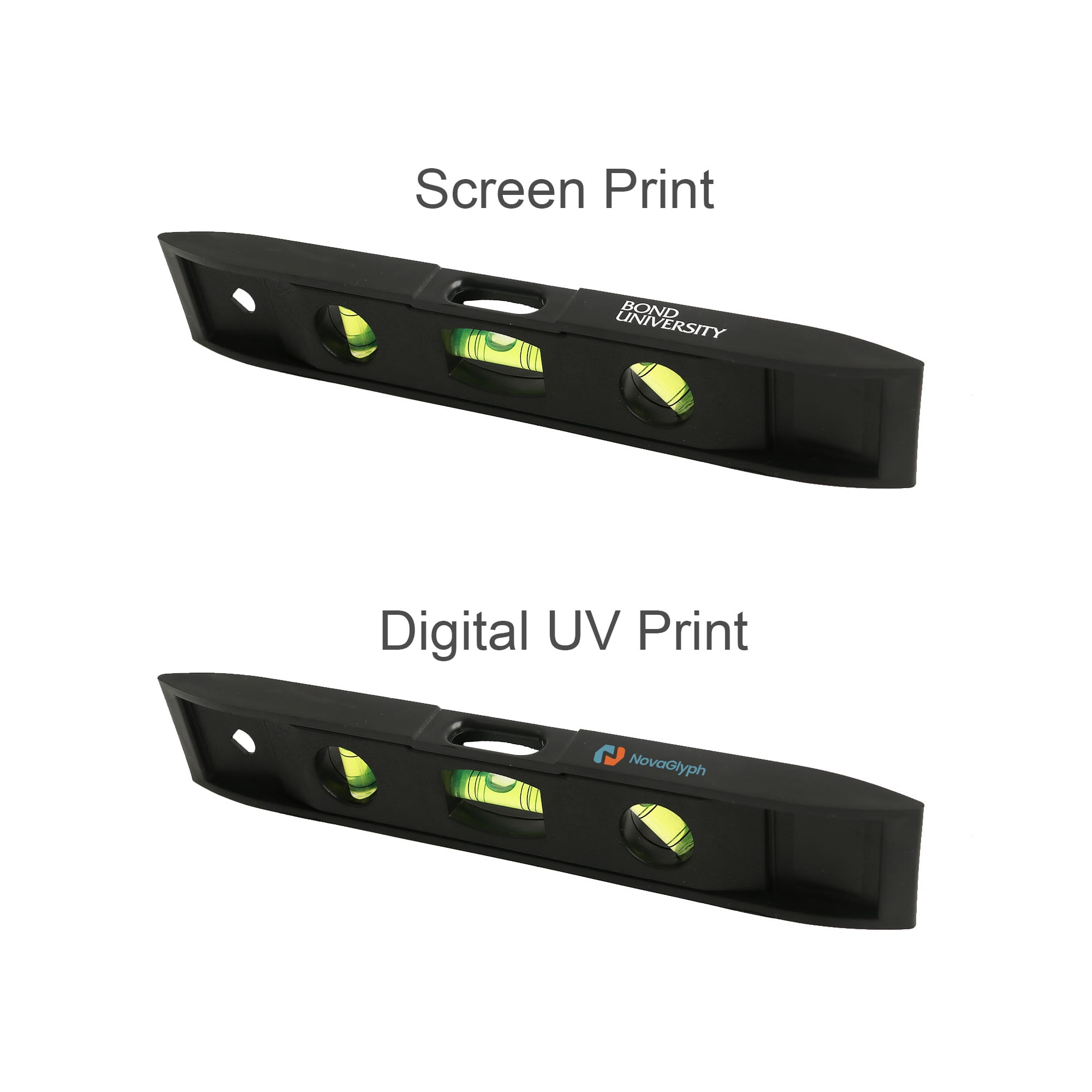 A magnetic torpedo level in black featuring two spirit vials for measuring. Includes a branding logo.