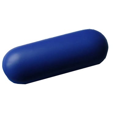 A large, blue oval tablet-shaped stress reliever with a smooth, soft surface. It features a simple design.
