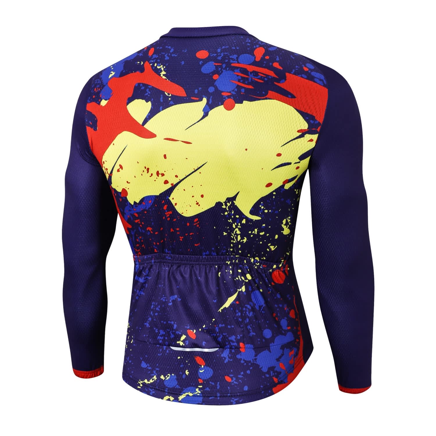 A vibrant men's long sleeve cycling jersey featuring a multicoloured splatter design in blue, red, and yellow.