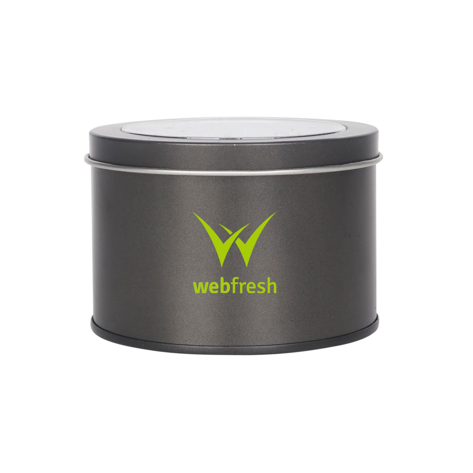 A medium grey tin can with a transparent window, featuring a logo on the side.