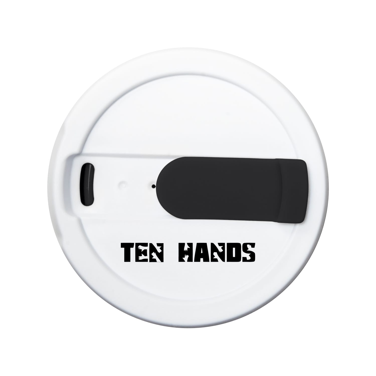 A drink lid for a collapsible silicone coffee cup in white with a black closure, featuring a logo.