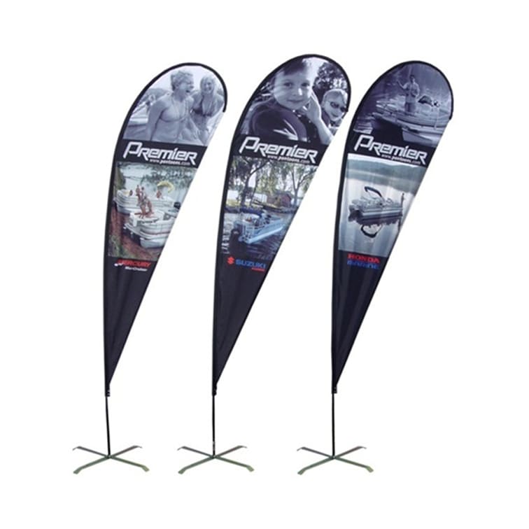 Three large teardrop banners in black featuring various images, each with a logo and a sturdy base.