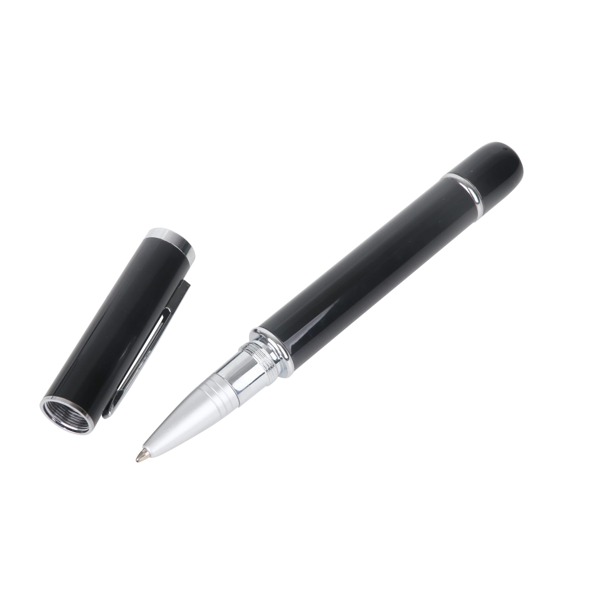 A sleek black USB memory pen with a chrome accent and cap removed, showcasing its stylish design.