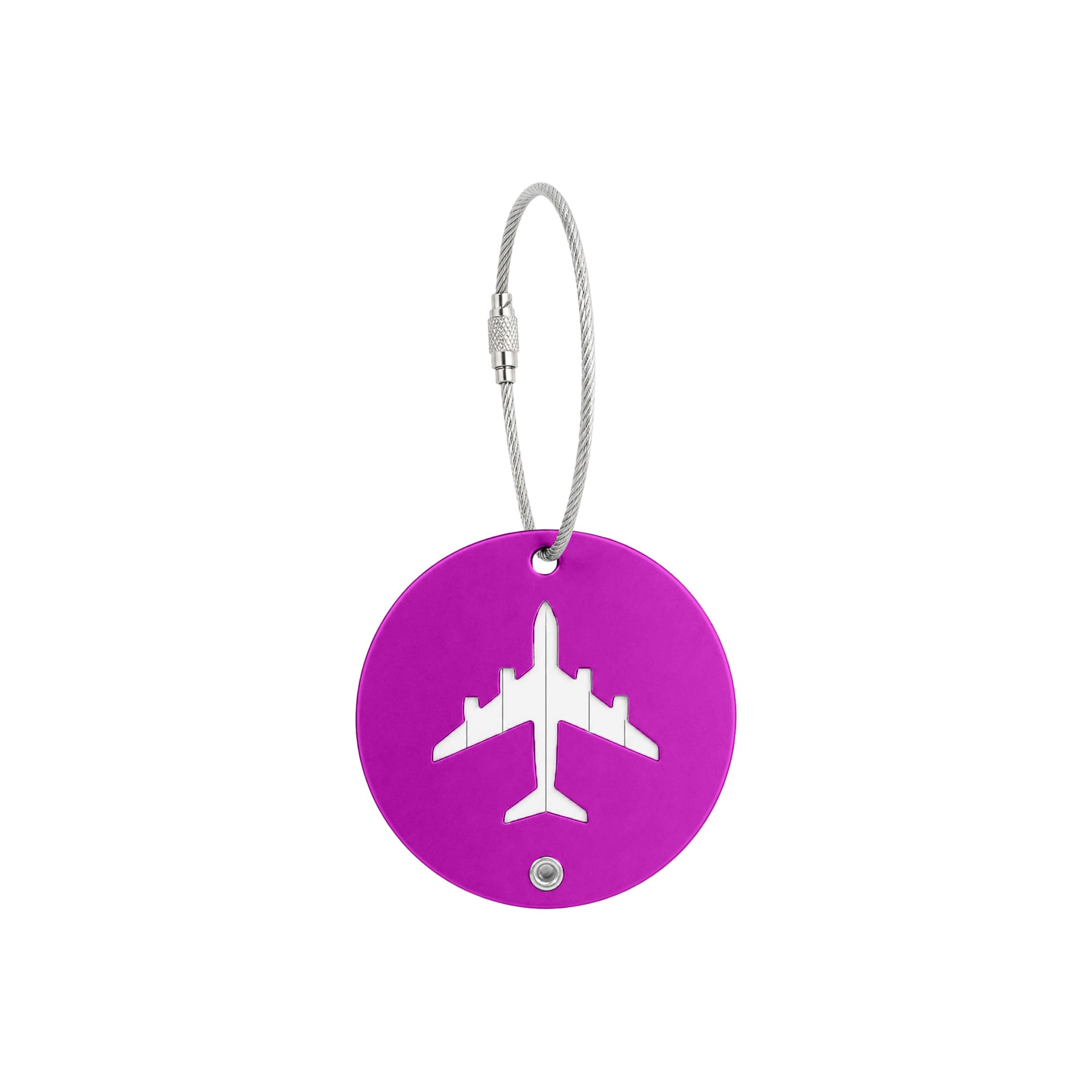 A purple round luggage tag featuring an airplane design and a metal wire attachment.