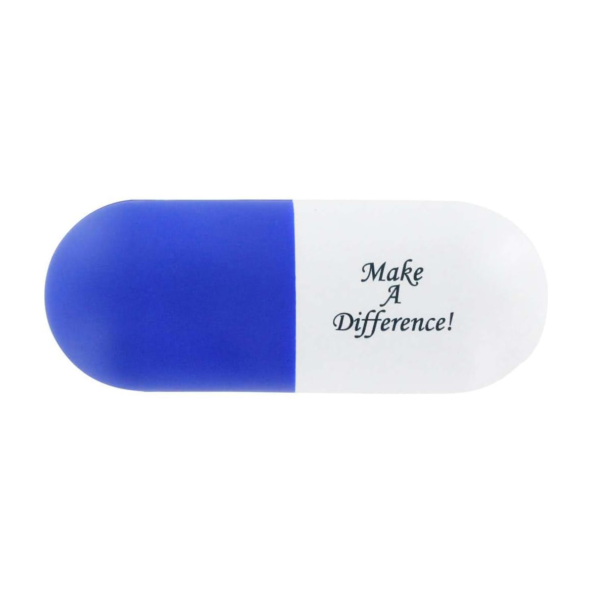 A capsule-shaped stress reliever in blue and white, featuring a logo and an inspirational phrase.