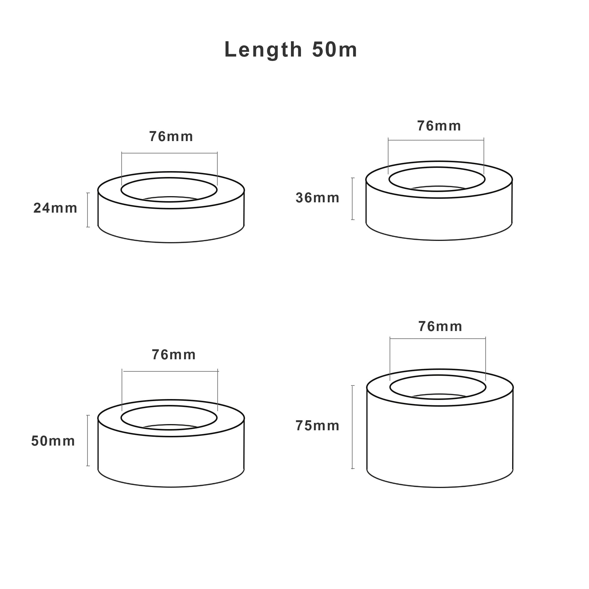 A set of adhesive kraft paper tape rolls in brown, showing dimensions and varying widths. Four rolls are illustrated.