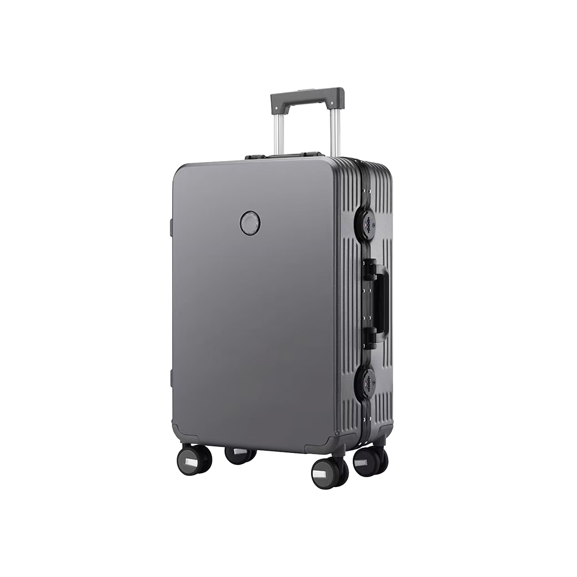 A grey ribbed ABS suitcase with a retractable handle and wheels, featuring a logo on the front.