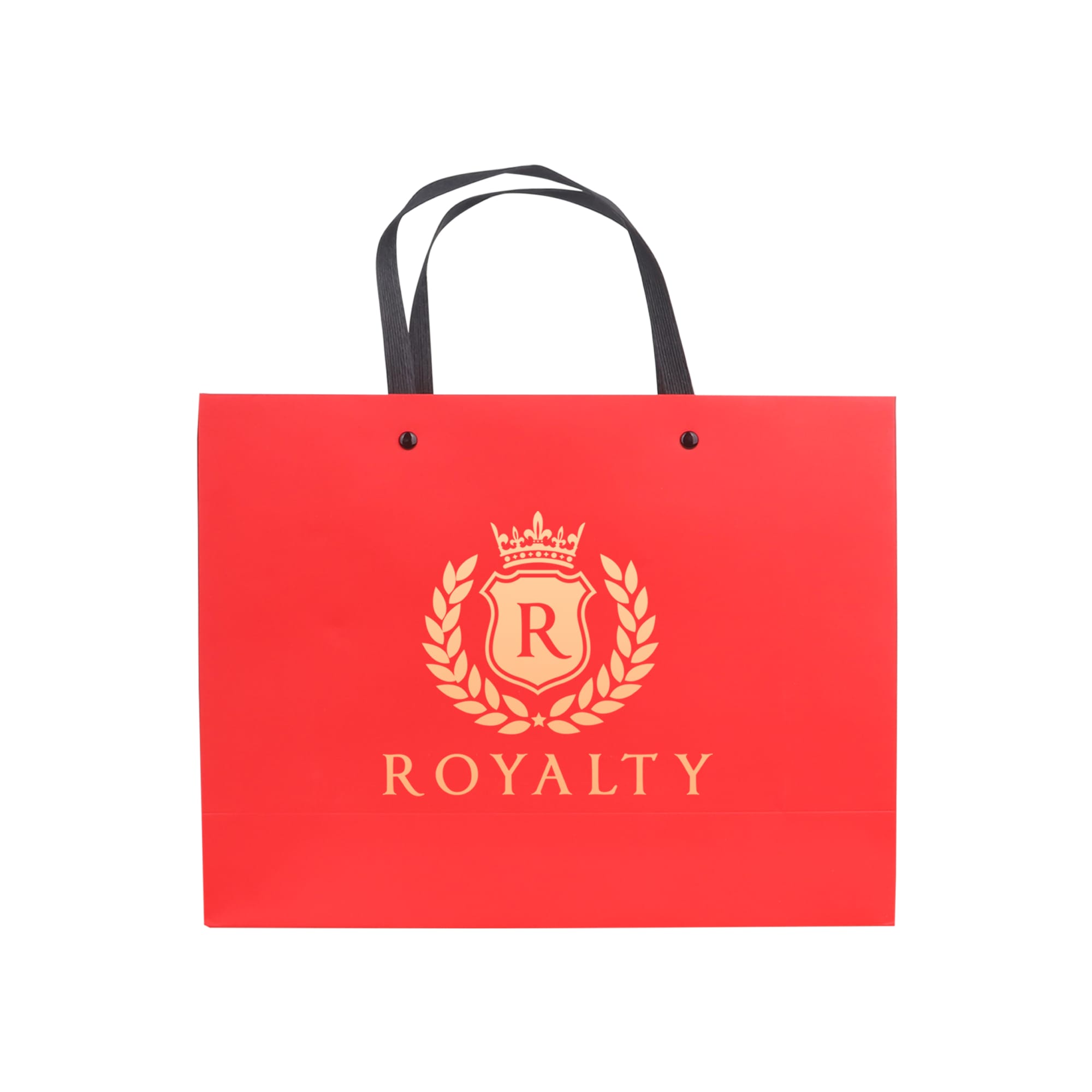 A red laminated handle bag with black handles, featuring a logo on the front and a decorative design.