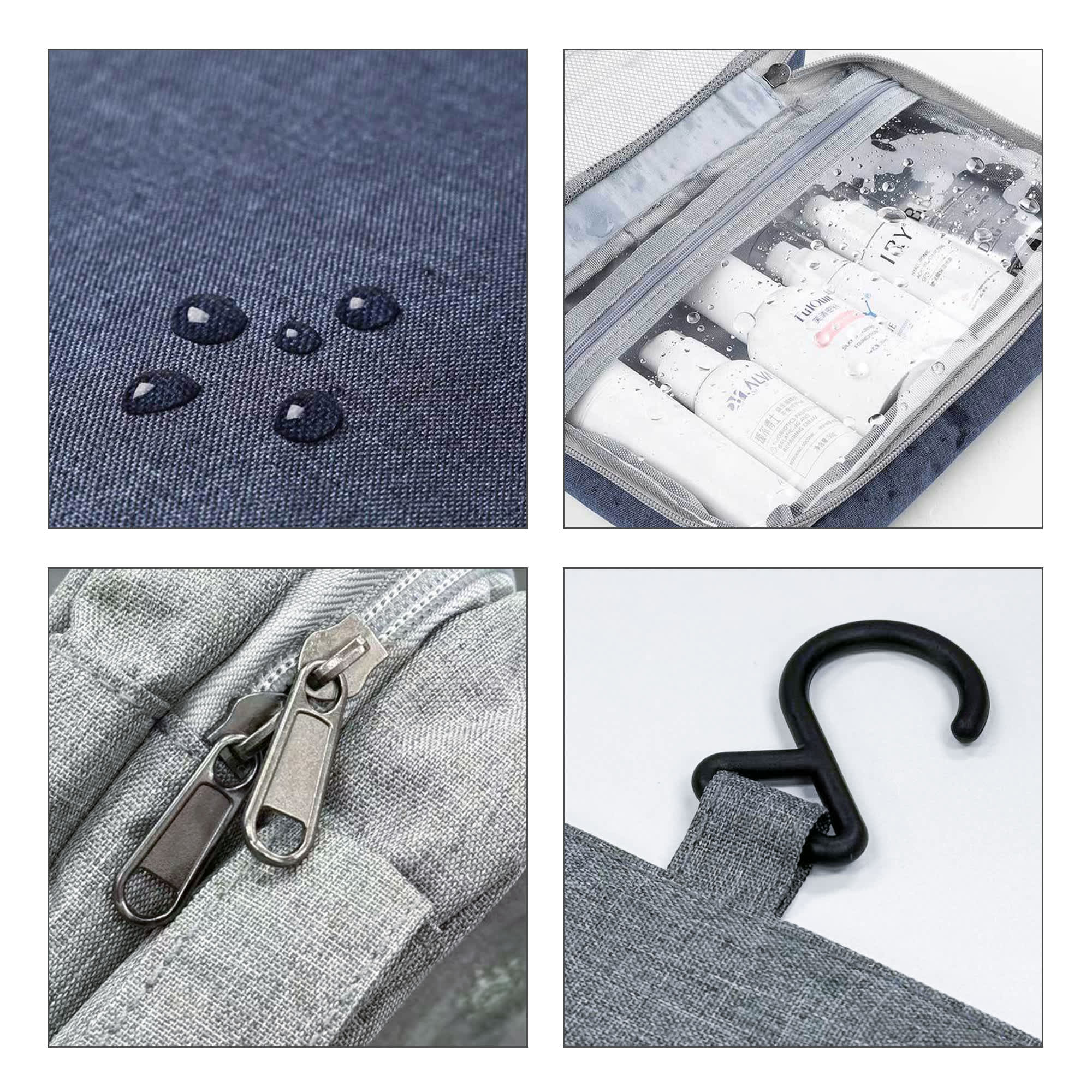 A grey portable hanging travel toiletry bag with zippers, a hook, and waterproof compartments for bottles.