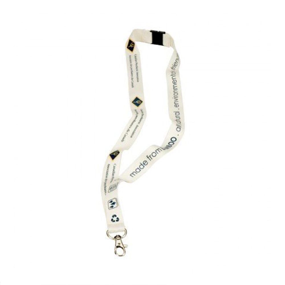 A cotton lanyard in white, featuring a clip and branding details. Environmentally friendly design highlighted.