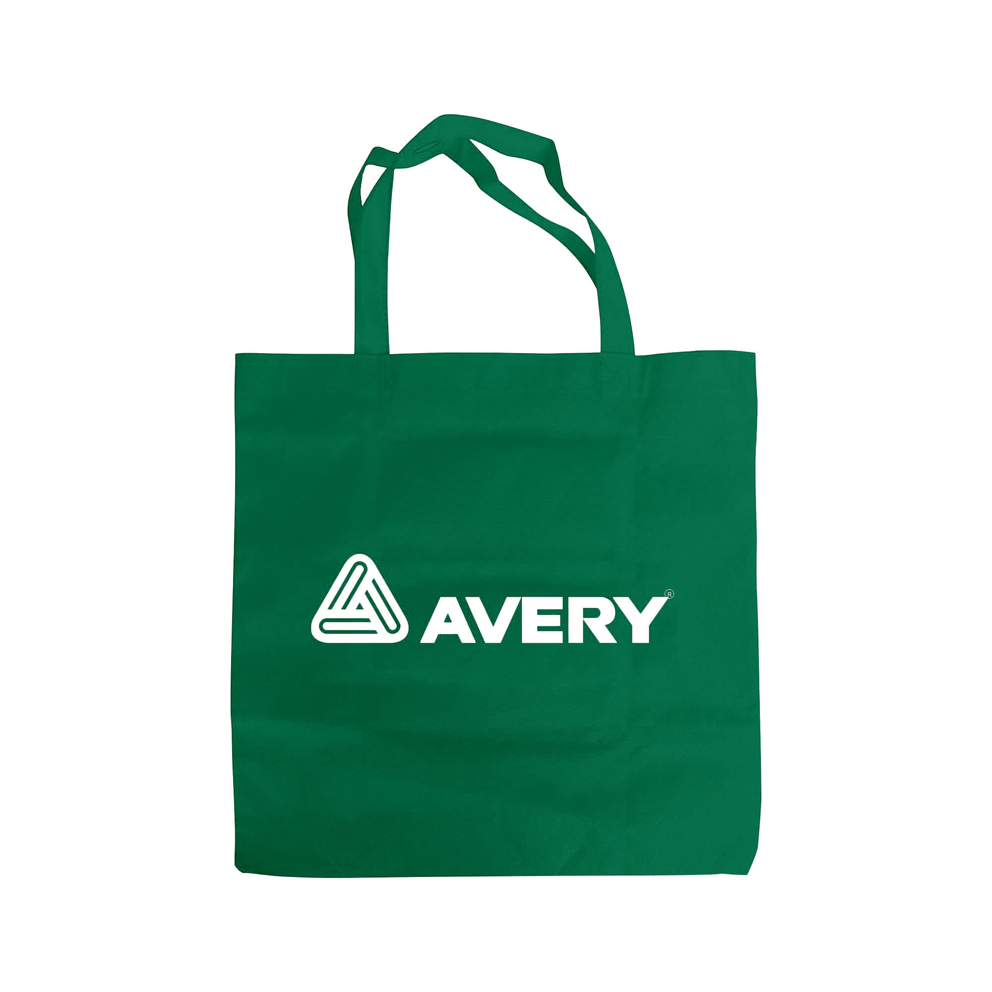 A green non-woven foldable bag with two handles and a logo on the front.