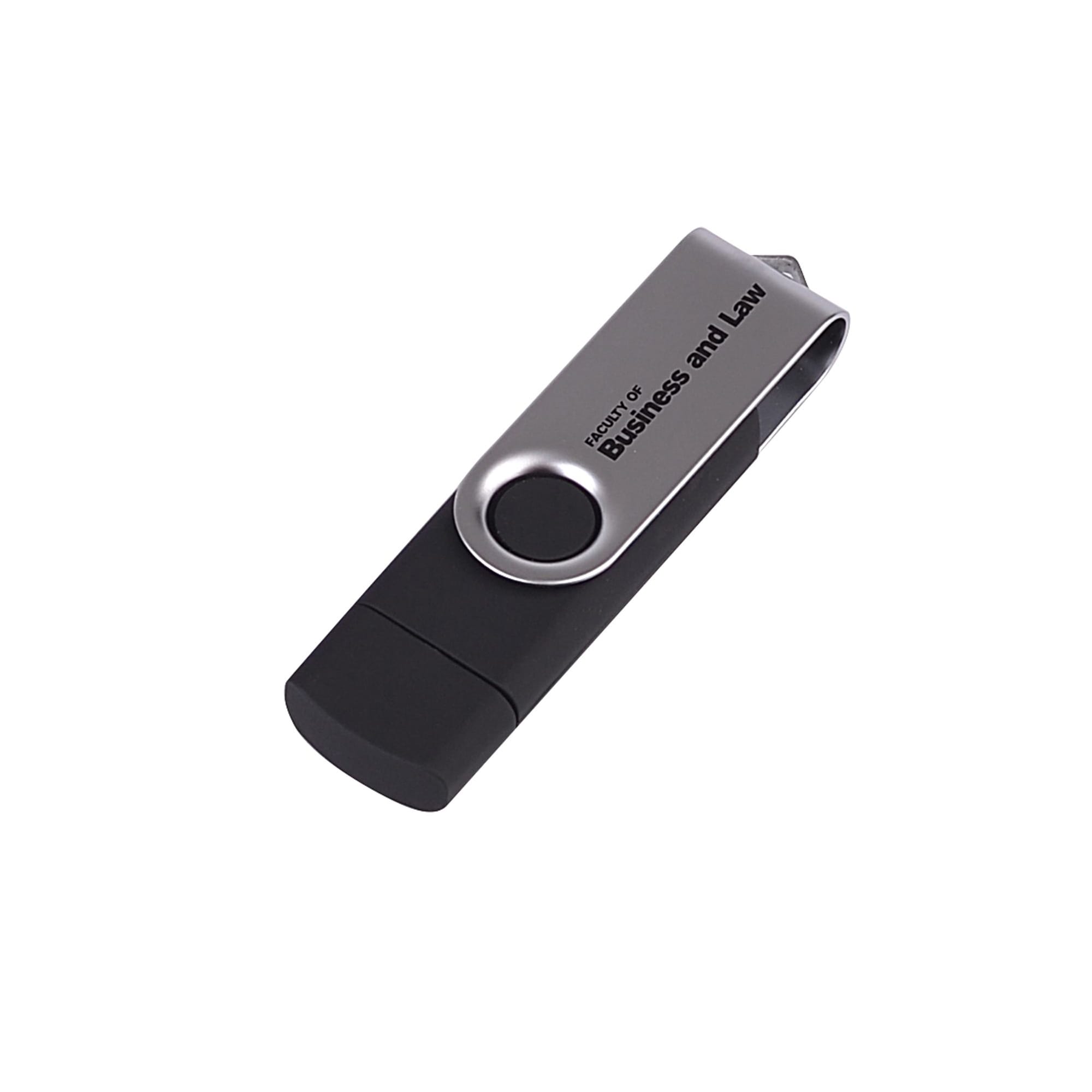 A black and silver double-end Belton micro USB flash drive with a branding logo.