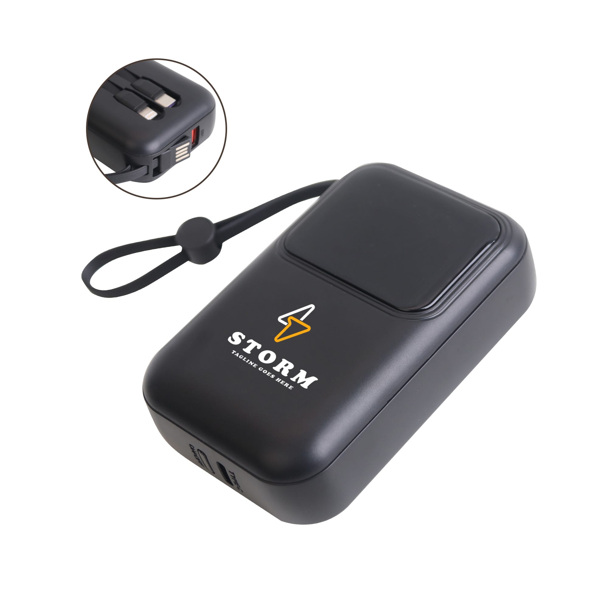 A black 10000mAh eco portable fast charging power bank with a logo and a wrist strap.
