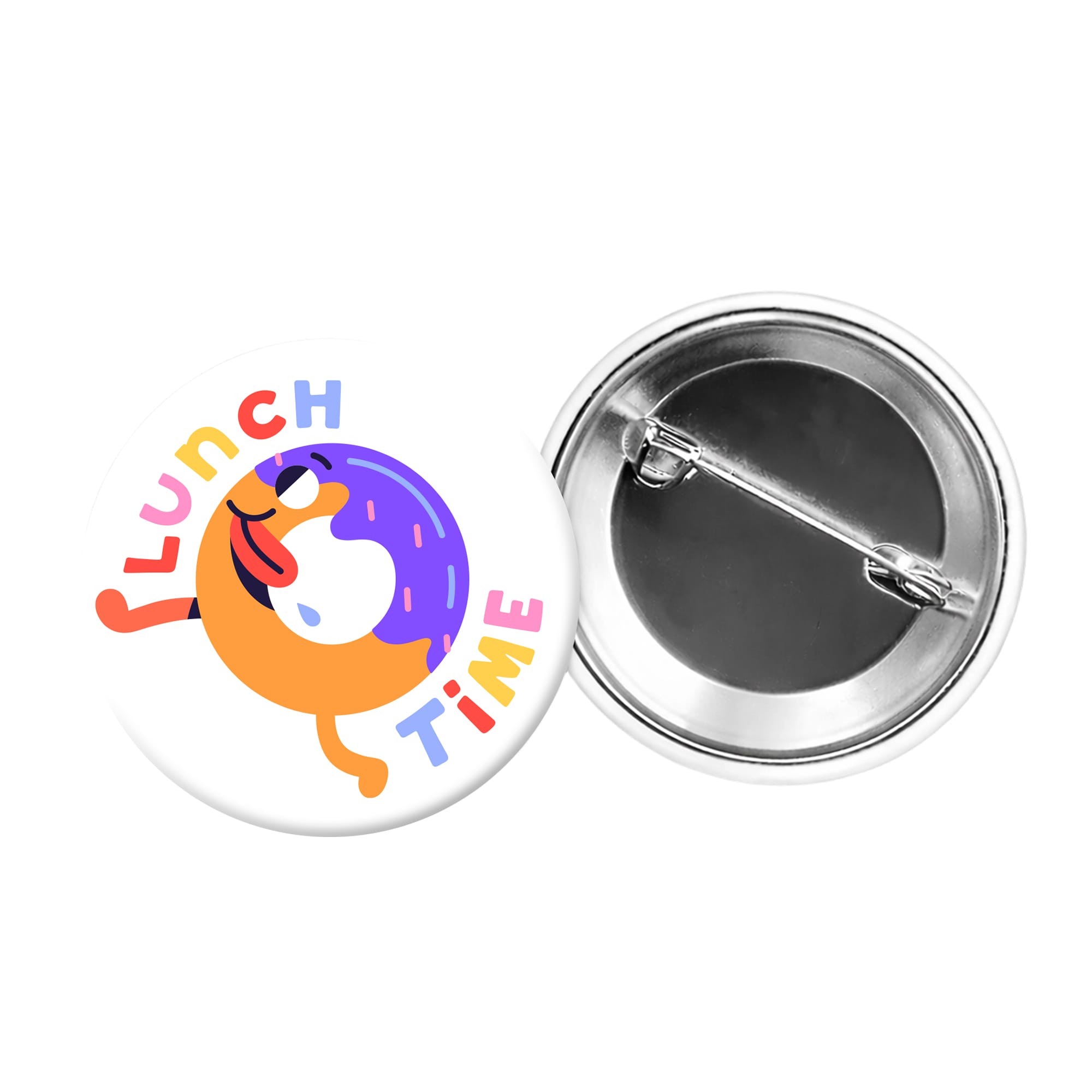 A round button badge featuring a colourful design with a cartoon doughnut and the words "LUNCH TIME." It has a metal backing.