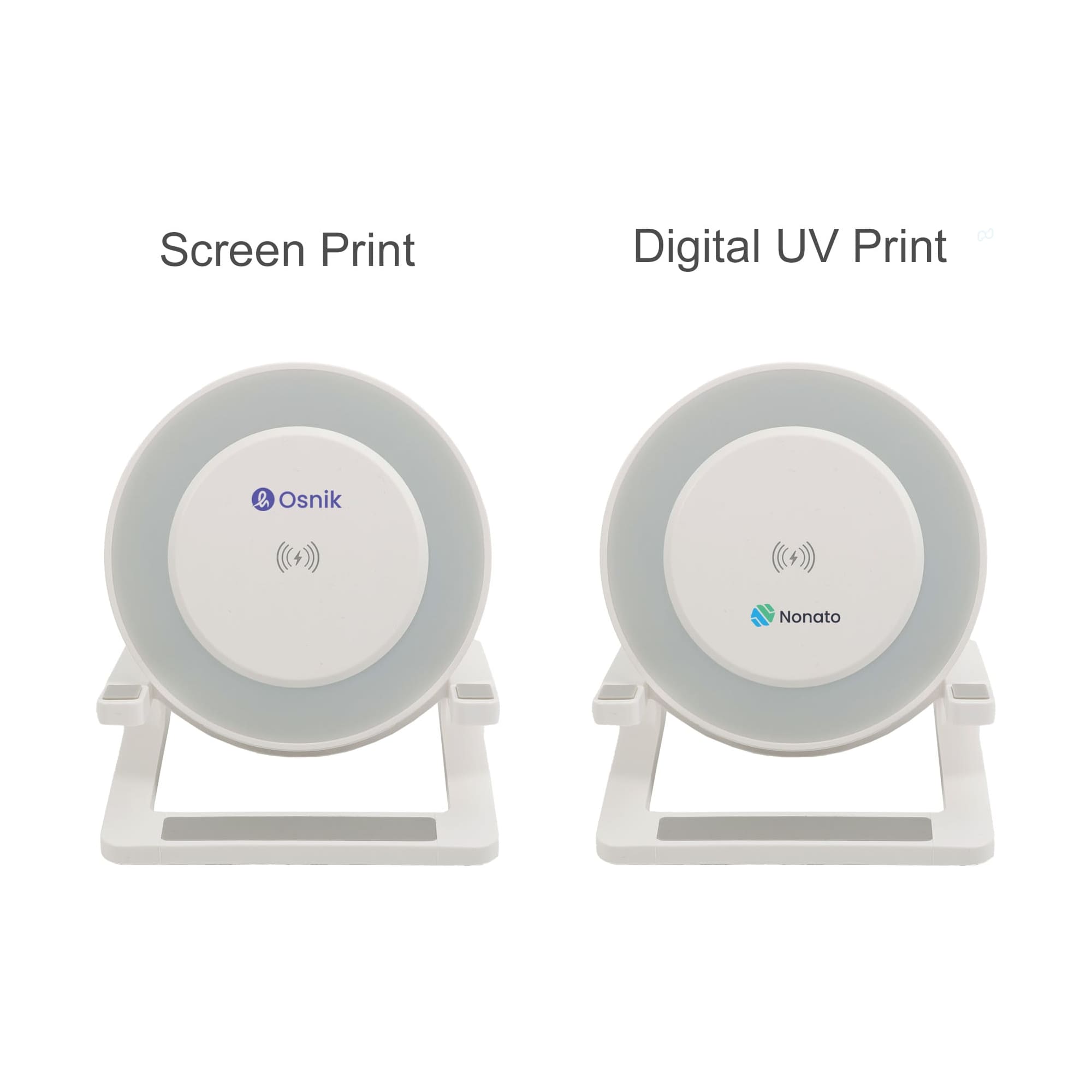 A wireless charger with a light feature in grey and white, featuring different printing options on the surface.