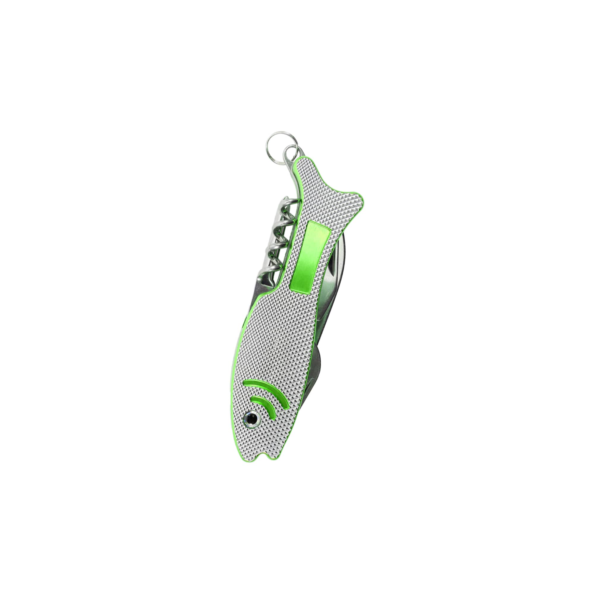 A silver and green multitool designed in the shape of a fish, featuring a keyring attachment.