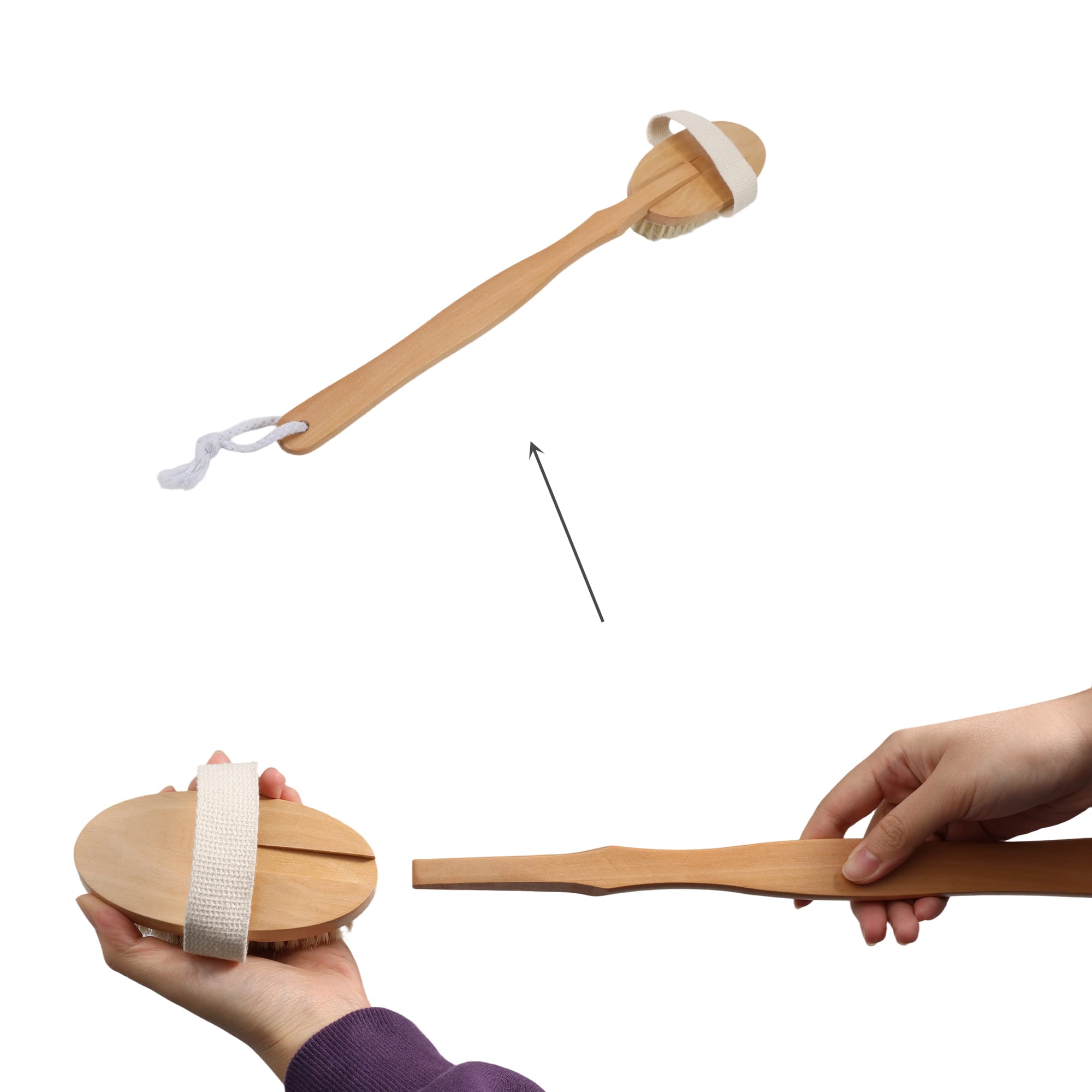 A detachable shower brush with a long wooden handle and a handle strap, displaying a natural wood finish.