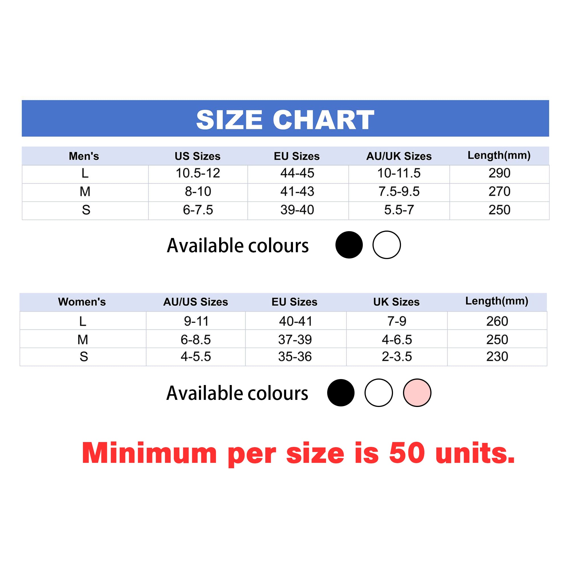 A size chart for Clog Slides featuring men's and women's sizes, with available colours listed as black and pink.