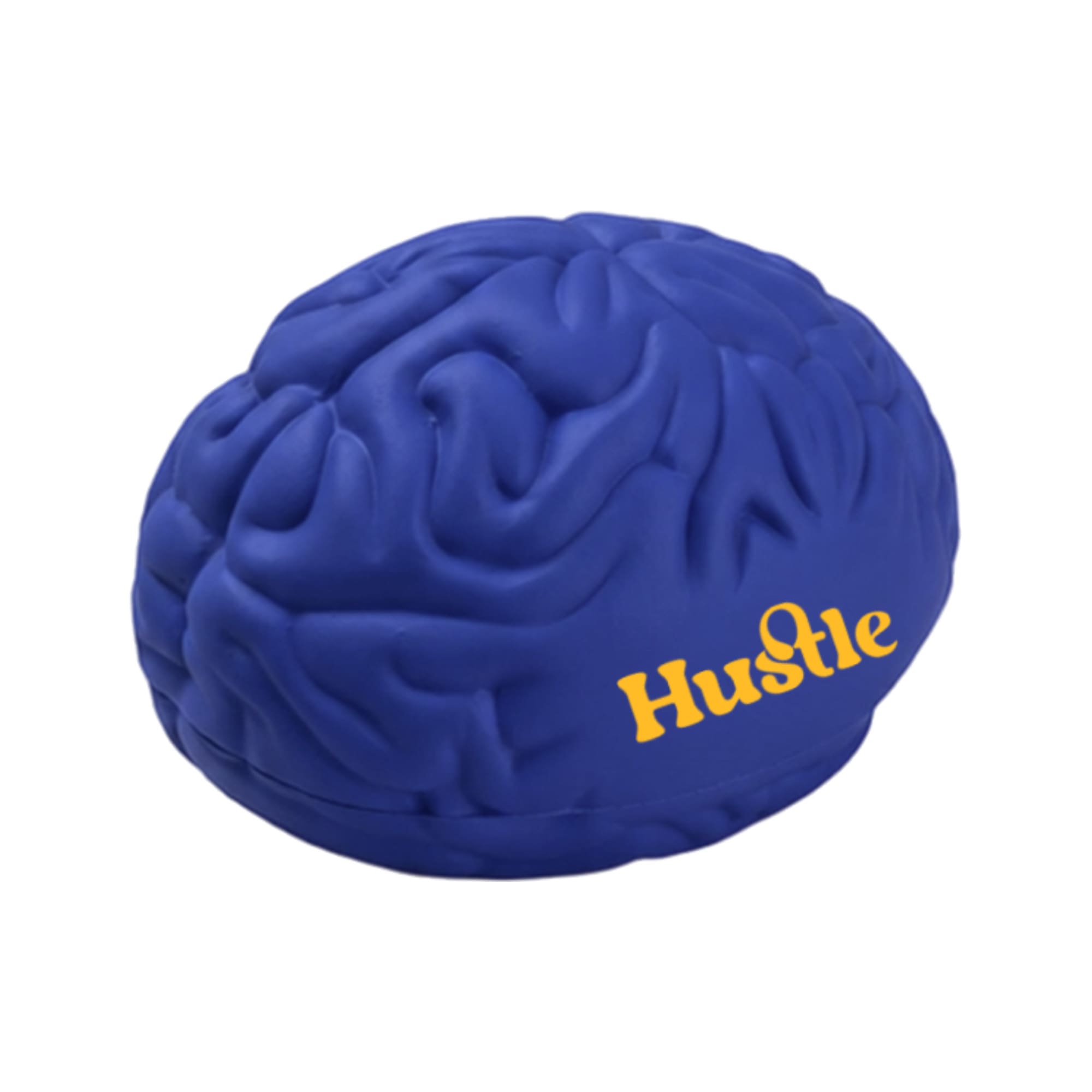 A blue brain-shaped stress reliever with textured detailing and a logo in yellow.