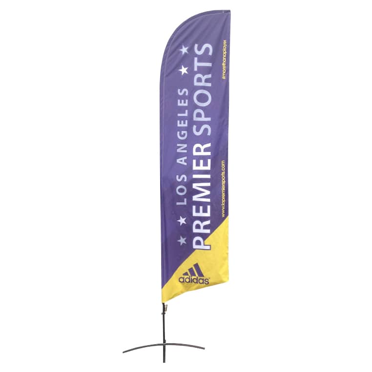 A purple and yellow angled feather banner with a logo, featuring the text "Los Angeles Premier Sports."