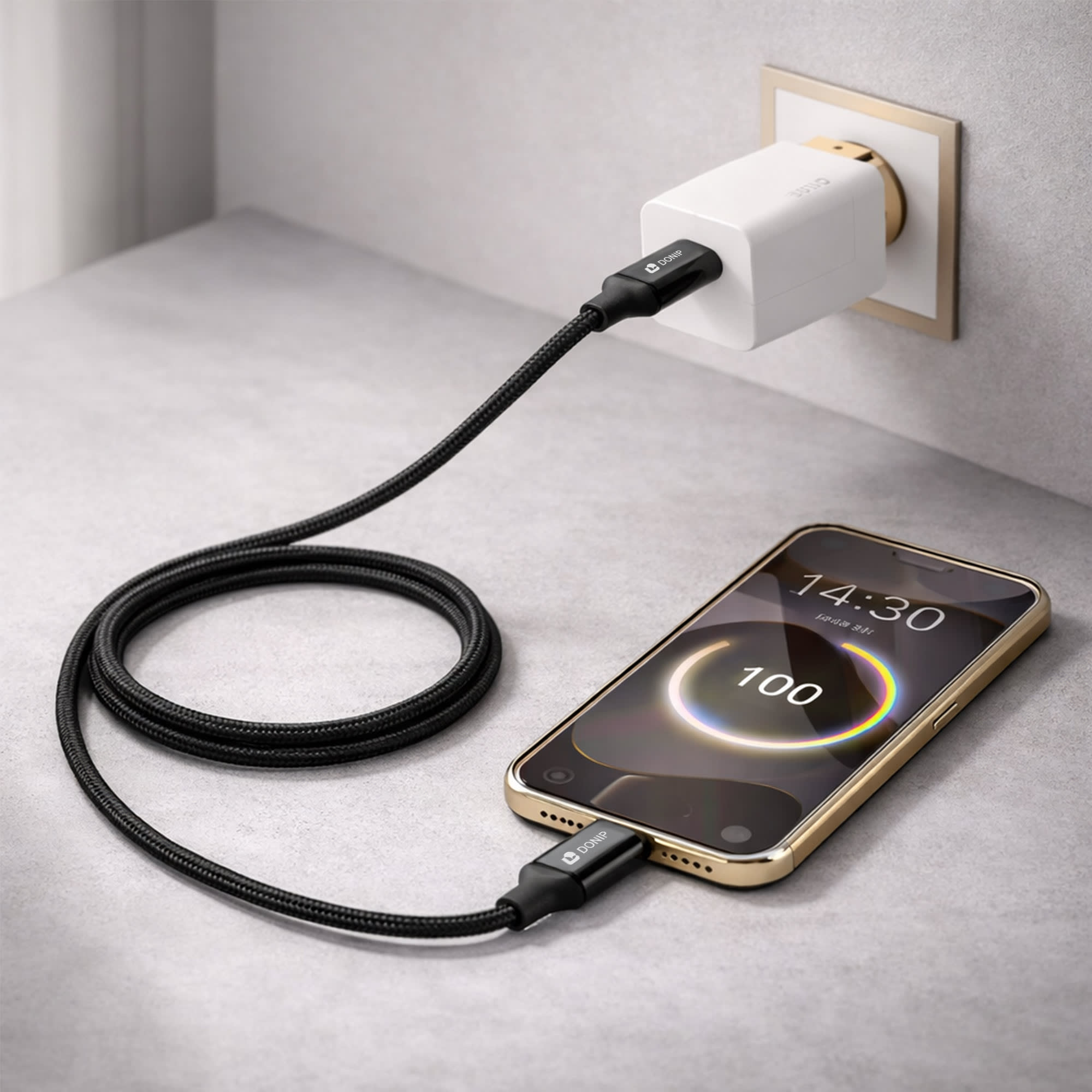A black braided charging cable connected to a phone and a wall charger. The phone displays a battery charge percentage.